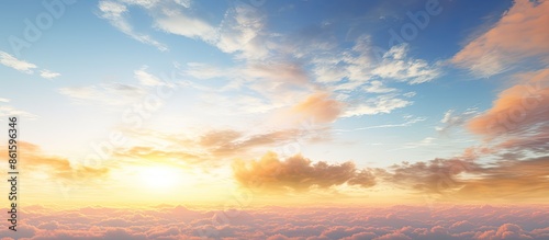 Scenic sky at sunset, adorned with wispy cirrus clouds and sunlight, perfect for replacing background with copy space image.