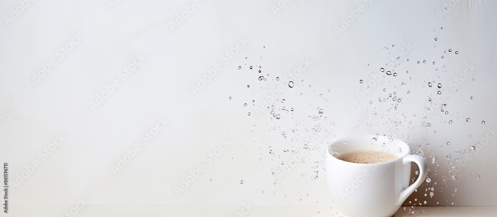 Fototapeta premium White paper with a wet coffee mug showcasing coffee droplets offers a suitable backdrop for a copy space image.