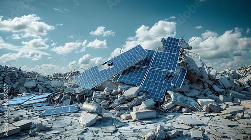 Nature Reclaims: End of Green Power - Broken and old solar panels trash.  photo