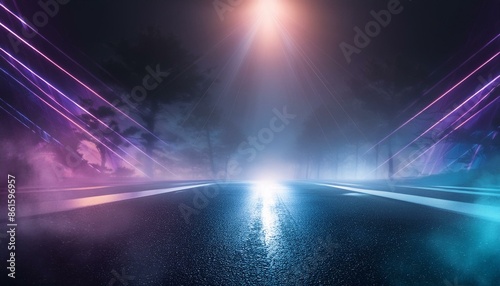 Wet asphalt road, neon lights, searchlights, smoke. Abstract light in dark empty street at night.