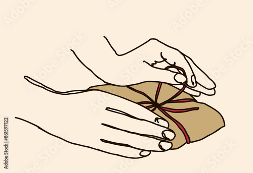 hand tying a ribbon on a gift, symbol of giving, care and celebration, linear hand drawing vector illustration