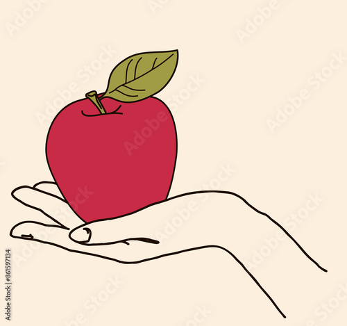 hand holding red apple, symbol of knowledge, temptation and immortality,l inear hand drawing vector illustration