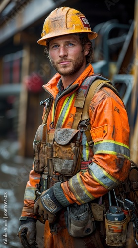 A Construction Workers Determined Gaze Amidst the Bustling Worksite. Generative AI