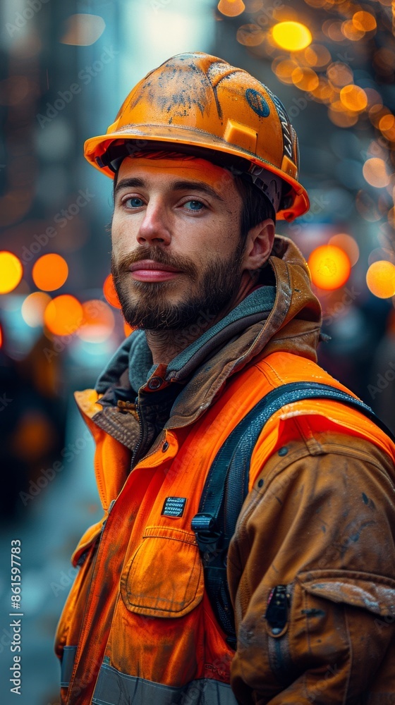 A Construction Workers Determined Gaze Amidst Urban Lights. Generative AI A Construction Workers Determined Gaze Amidst Urban Lights. Generative AI