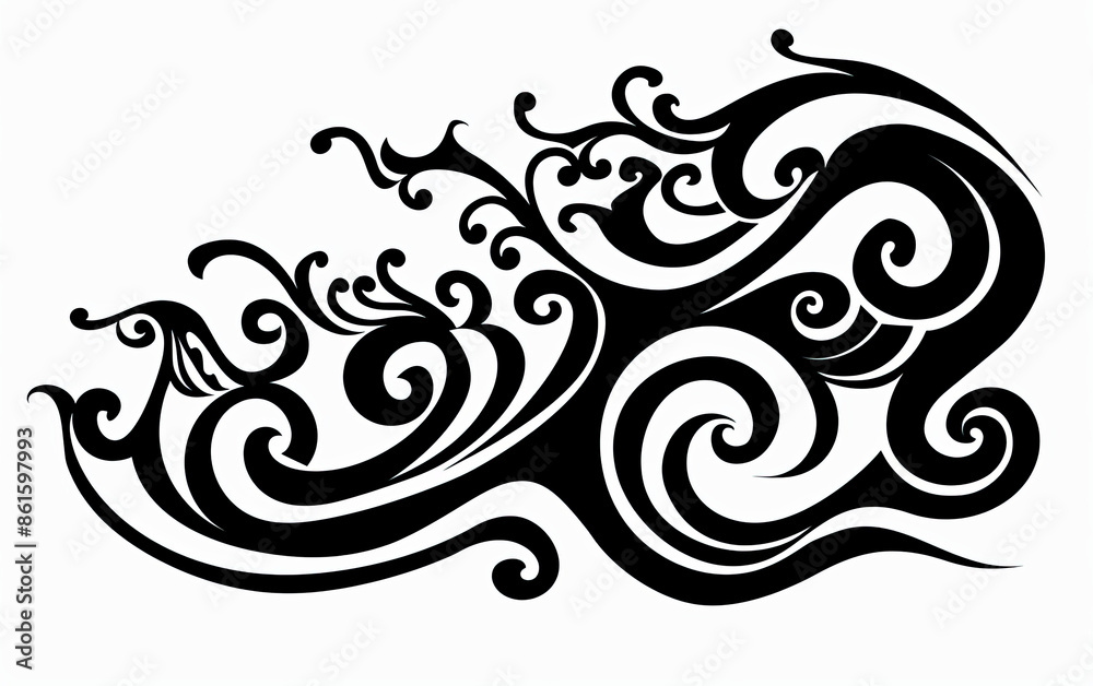 A black and white drawing of a wave with a spiral design A black and white drawing of a wave with a spiral design