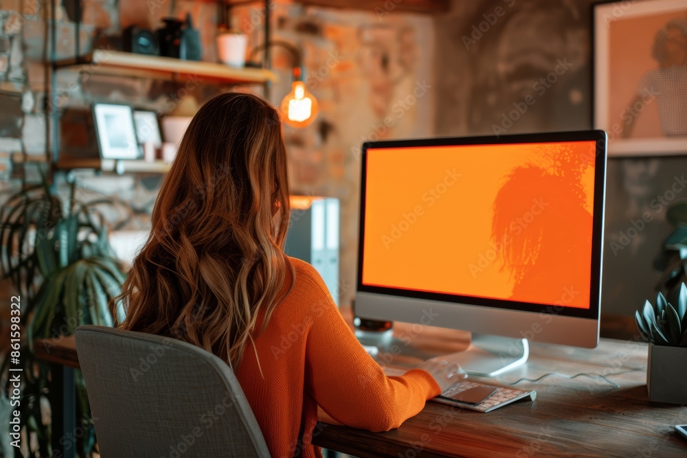 Application mockupover the shoulder shot of a woman in front of a computer with an entirely orange screen Application mockupover the shoulder shot of a woman in front of a computer with an entirely orange screen