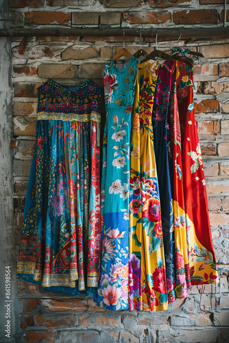 Wallpaper Mural Multi-coloured traditional vietnamese dresses with bright fabric and patterns placed against brick wall with hanger Torontodigital.ca