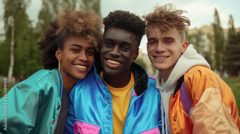 Portrait of group of black young people in retro 90s clothes and haircuts, photo of friends in nineties style, AI generated image Portrait of group of black young people in retro 90s clothes and haircuts, photo of friends in nineties style, AI generated image
