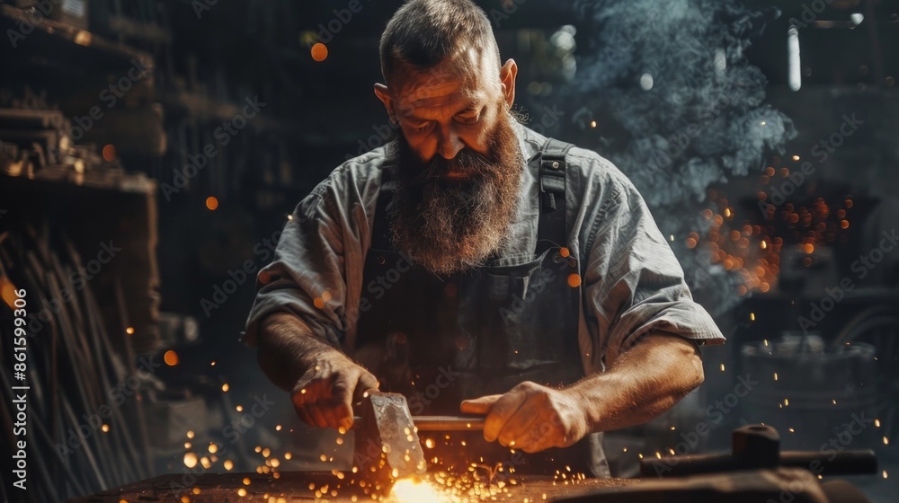 A man with a beard is working with a hammer and anvil A man with a beard is working with a hammer and anvil
