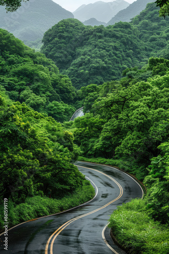 A picturesque scene of an asphalt road winding through lush green forests against the backdrop of majestic mountains. tranquil landscape captures the serene beauty of nature in the region,