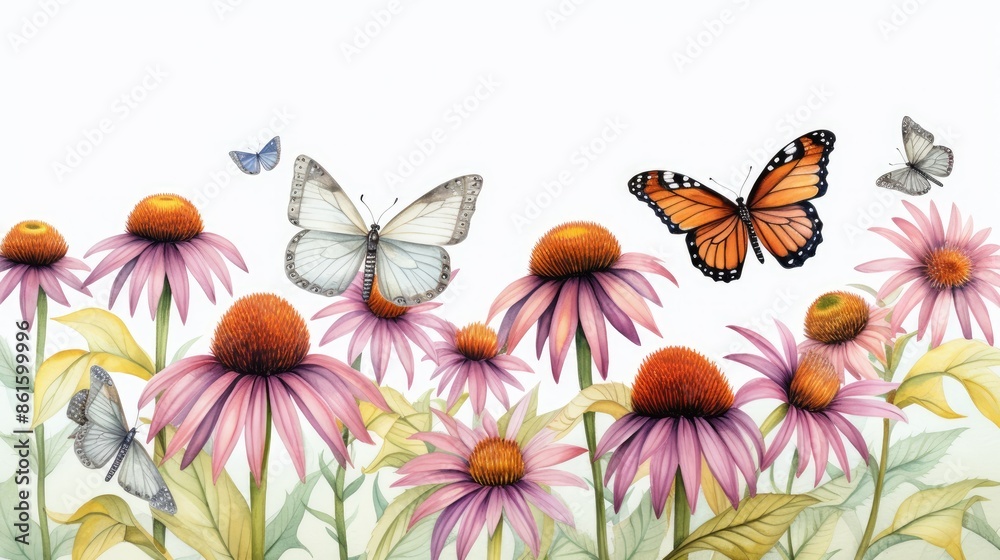 Fototapeta premium a watercolor painting clipart of beautiful yellow coneflowers with purple leaves