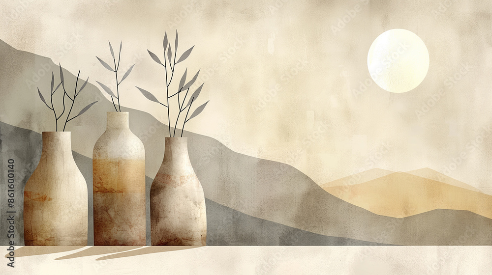 Background Nordic Design With Earth Colours: Abstract Painting Featuring Vases, Sun, And Flowers Background Nordic Design With Earth Colours: Abstract Painting Featuring Vases, Sun, And Flowers