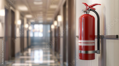 Modern hallway with a red fire extinguisher mounted on the wall, emphasizing safety and emergency preparedness. photo