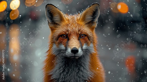 A close-up of a fox amidst falling snow with bokeh lights blurred in the background, capturing the animal's piercing eyes and fur details in a tranquil winter setting.