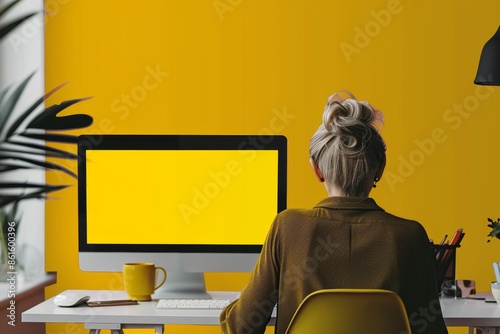 Ui mockup through a shoulder view of a mature woman in front of a computer with a fully yellow screen