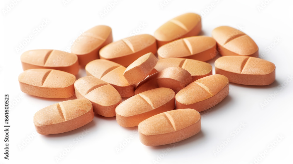 A close-up image of orange tablets arranged on a white background, representing medication, health care and pharmaceutical concept. A close-up image of orange tablets arranged on a white background, representing medication, health care and pharmaceutical concept.