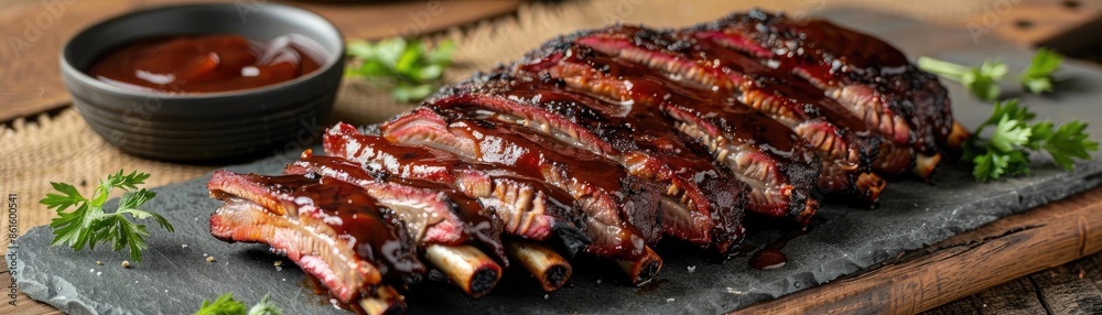 Delicious barbecued ribs with a glossy glaze, served with a bowl of sauce and garnished with fresh herbs on a slate platter. Delicious barbecued ribs with a glossy glaze, served with a bowl of sauce and garnished with fresh herbs on a slate platter.