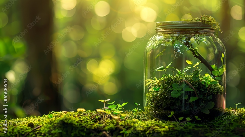 A glass jar filled with lush green plants and moss sits in a sunlit forest, representing nature, growth, and tranquility. A glass jar filled with lush green plants and moss sits in a sunlit forest, representing nature, growth, and tranquility.