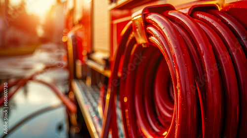Close-up of a coiled red fire hose on a fire truck with sunlight in the background, depicting emergency and safety equipment. photo
