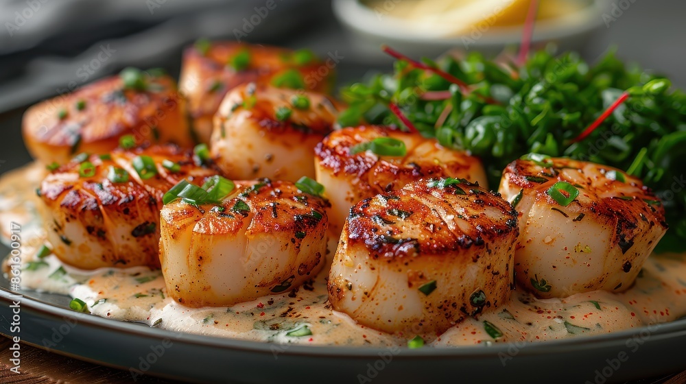 Perfectly grilled scallops placed over a creamy, flavorful sauce, garnished with fresh chives, served with greens on the side, highlighting culinary excellence and taste. Perfectly grilled scallops placed over a creamy, flavorful sauce, garnished with fresh chives, served with greens on the side, highlighting culinary excellence and taste.