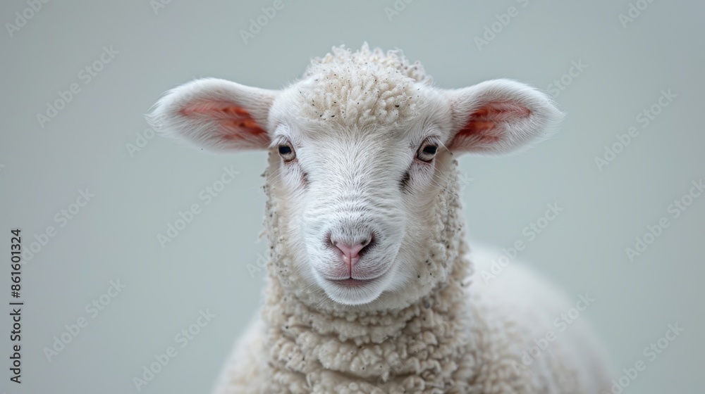 A detailed close-up of a young, white sheep with curly wool and prominent ears, standing against a neutral grey background, showcasing its serene expression. A detailed close-up of a young, white sheep with curly wool and prominent ears, standing against a neutral grey background, showcasing its serene expression.