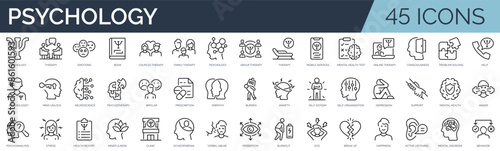Set of 45 outline icons related to psychology. Linear icon collection. Editable stroke. Vector illustration
