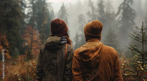 Couple Enjoying Autumn Hike in Misty Forest, Outdoor Branding, Peaceful Time Together, © aimired