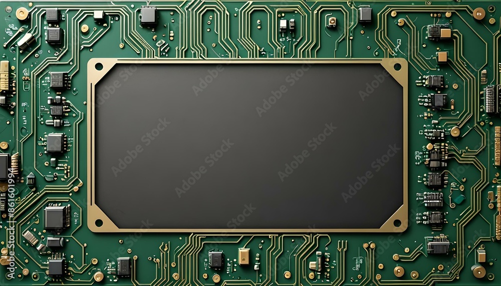 Fototapeta premium motherboard frame border, empty display space on a green circuit board
