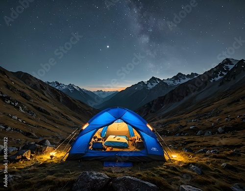 Camping. A blue tent in the mountains under the stars, lit from inside and glowing.