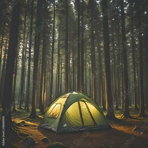Camping. A green tent in a pine wood, lit from inside, glowing.