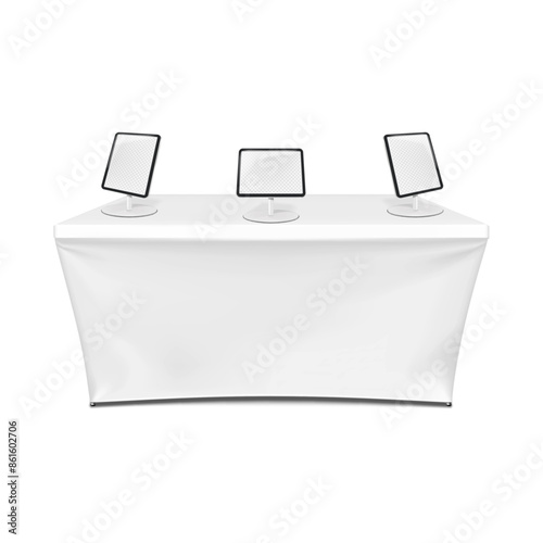 Exhibition set template. Tradeshow table with blank stretch cover for brand design and tablet stands. Mockup. Trade show booth kit. Vector mock-up
