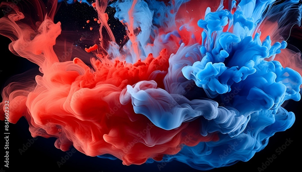 Obraz premium Blue and red acrylic paint in water. Ink blot. Abstract black background.