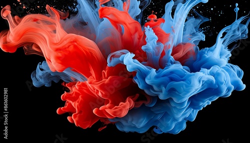 Blue and red acrylic paint in water. Ink blot. Abstract black background.