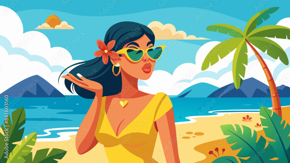 sexy young woman on tropical island in summer near the sea and blue sky giving an air kiss and having fun.