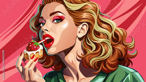 portrait of an adorable luxurious and seductive sweet woman, biting herself licking herself while enjoying red lips as a dessert.