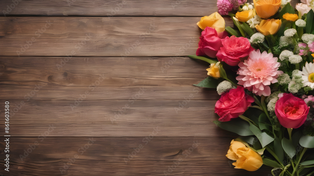 wooden background with flowers with empty space for greeting message.  Love and greeting concept design. AI generated image, ai