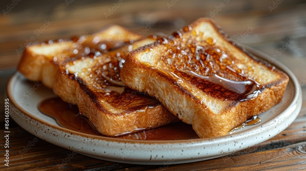 Two slices of perfectly toasted bread, golden-brown and crispy, have been drizzled with syrup, creating an inviting and appetizing representation of a warm, sweet, and satisfying treat. Two slices of perfectly toasted bread, golden-brown and crispy, have been drizzled with syrup, creating an inviting and appetizing representation of a warm, sweet, and satisfying treat.
