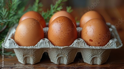 Six brown eggs are arranged in a cardboard carton, all displayed with a sprig of fresh rosemary, adding a touch of herbaceous element to the simple and rustic scene. photo