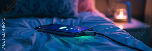 Close-up of a smartphone charging on a bed at night, creating a calm and cozy atmosphere. Generated AI