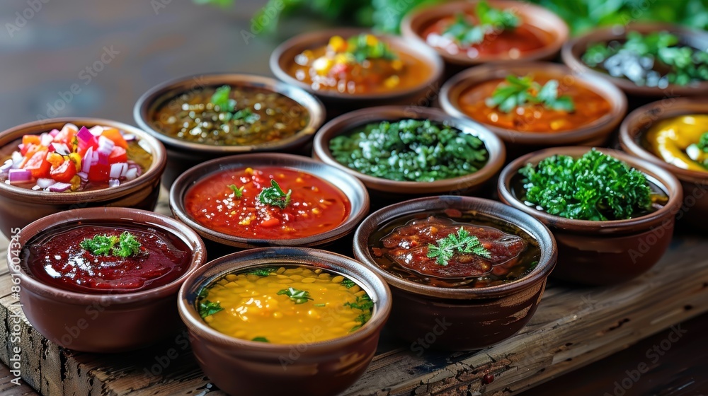 An array of diverse, colorful sauces presented in small clay bowls, each with unique textures and garnishes, showcasing a variety of delicious culinary options. An array of diverse, colorful sauces presented in small clay bowls, each with unique textures and garnishes, showcasing a variety of delicious culinary options.
