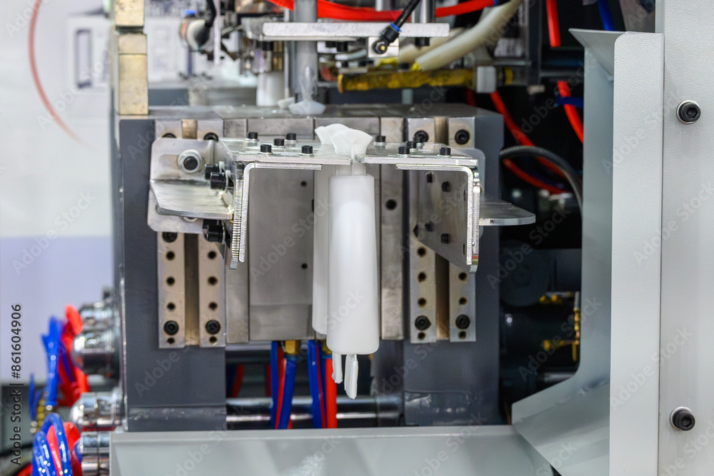 The white bottle container manufacturing process by blow mold machine. The white bottle container manufacturing process by blow mold machine.
