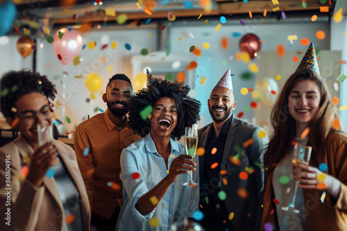 Cheerful business group people in Birthday hats at office party