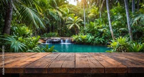 rustic wooden table and, in the background, a tropical landscape blurred with nature, evergreen plants, vegetation, and sky, to use as a background for products.