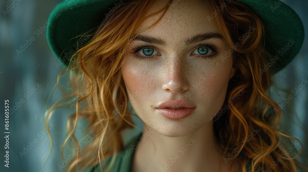 A captivating portrait of a woman with red hair, green hat, and freckles, elegantly framed by natural light, highlighting her striking features and creating a serene atmosphere. A captivating portrait of a woman with red hair, green hat, and freckles, elegantly framed by natural light, highlighting her striking features and creating a serene atmosphere.