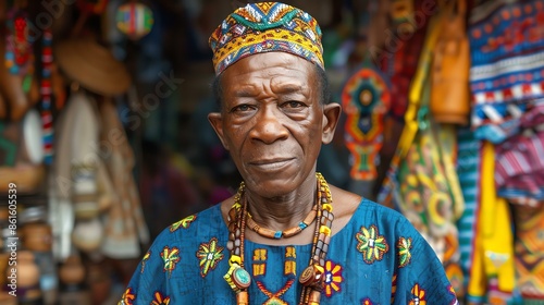 An older man in traditional clothing looks at the camera.