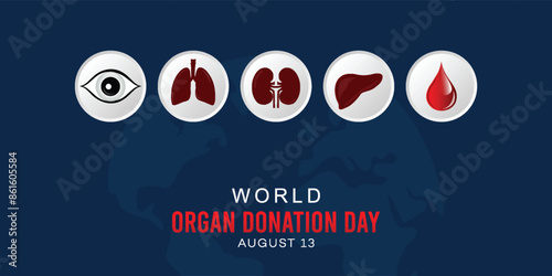 World Organ Donation Day, Awareness, Banner, with Icons for Eye, Lungs, Liver, Muscle, Blood Drop - August 13, Organ Donation Day, 