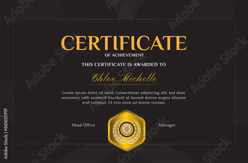Elegant black and gold blue diploma certificate template with luxury badge and modern line pattern. For award, business, and education needs. Use for print, certificate, diploma, graduation