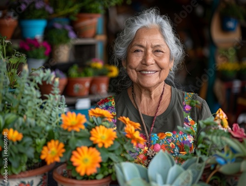Content Latin American Woman Among Plants