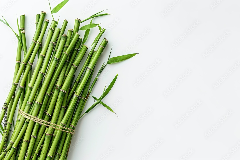 Fototapeta premium top view of fresh green bunch bamboo sticks on white background 
