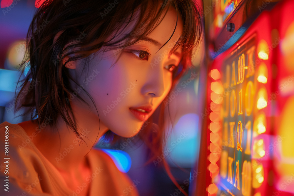 Casino player, young woman at slot machines, gambling fun, betting on luck, nightlife excitement. Casino player, young woman at slot machines, gambling fun, betting on luck, nightlife excitement.